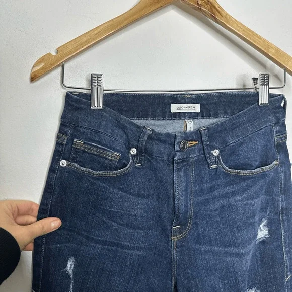 GOOD AMERICAN Good Legs High Rise Distressed Skinny Jeans blue GAGLRE899 2 26 - Picture 3 of 9